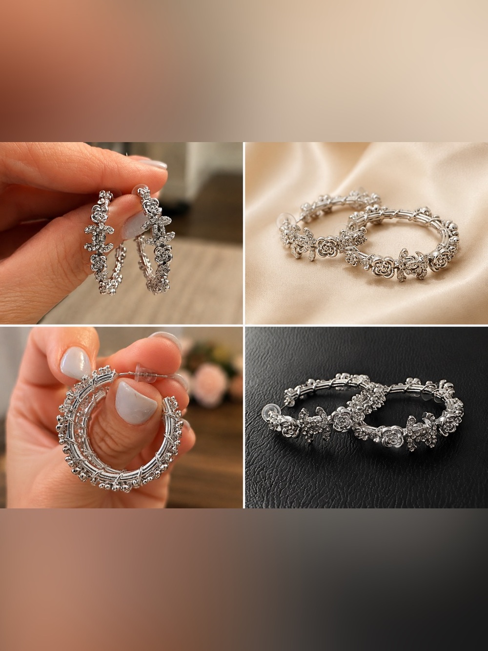Cc Silver Floral Hoop Earrings - Elegant Women Jewelry